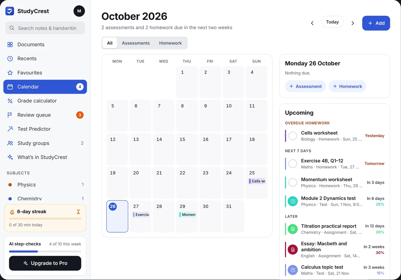 The StudyCrest calendar for October, with tests, assignments and homework coloured by subject