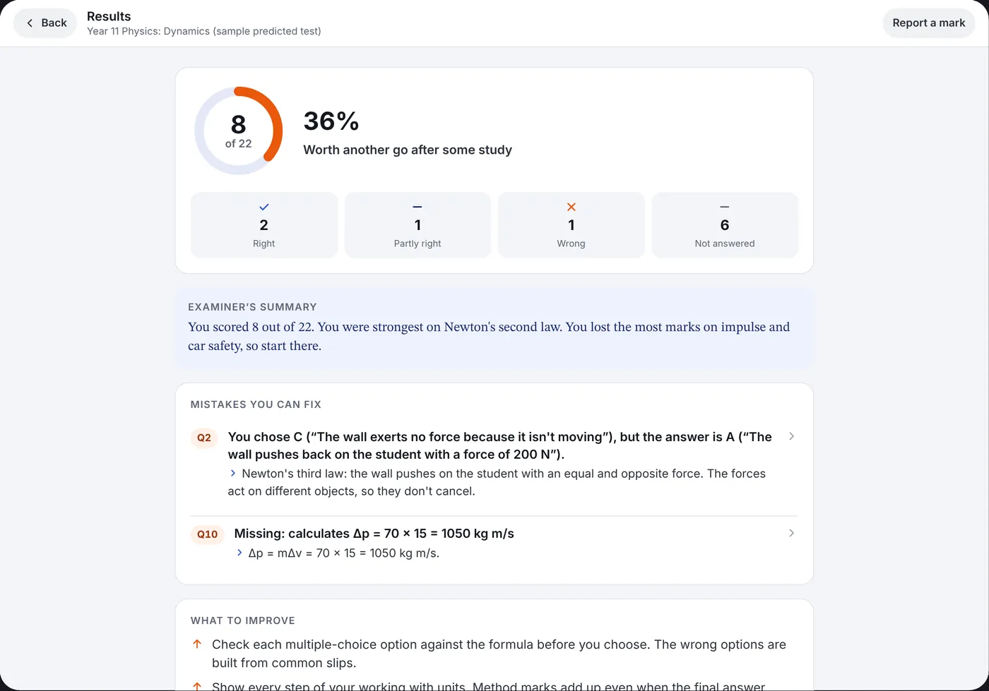 A marked practice test in StudyCrest: 8 out of 22, with the mistakes to fix and what to improve